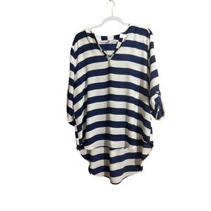 Cato Womens Navy Blue White Striped Roll Tab Sleeve High Low Blouse Top 14/16W